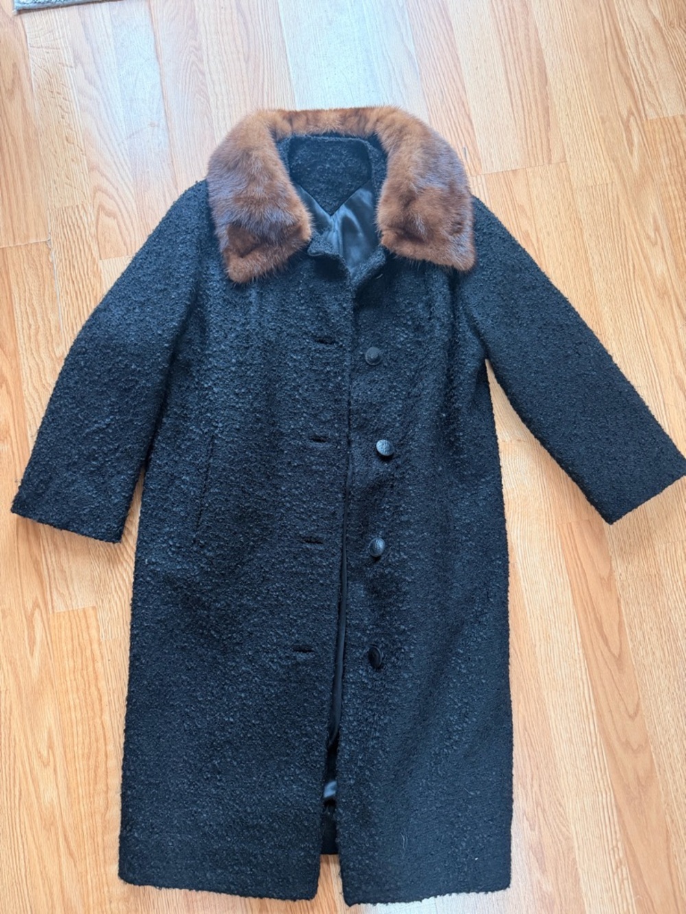 Black Bouclé Coat with Brown Fur Collar